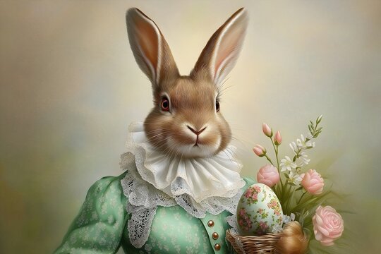 Rabbit holding Easter eggs, dressed in victorian clothing, soft faded pastel colors, floral background, fairytale watercolor.