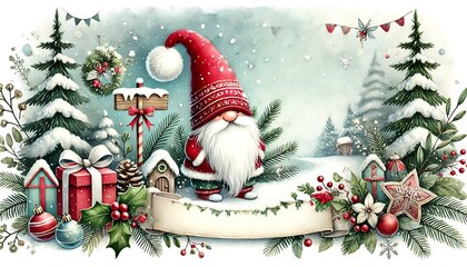 A Christmas banner featuring a festive gnome. The gnome has a long white beard, wearing a red or green pointed hat.