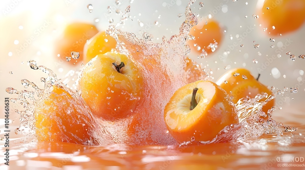 Poster a cluster of bright orange apples splash into a pool of water, creating a vibrant and refreshing ima