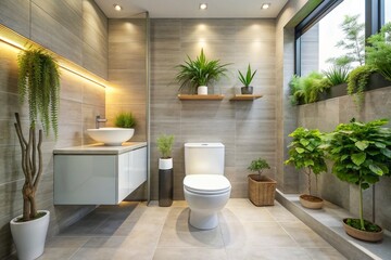 Fototapeta premium A bathroom with a toilet and potted plants