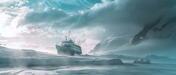 A sturdy ship navigates icy, breathtaking Arctic waters under a dramatic sky, embodying exploration and resilience amid nature's grandeur.