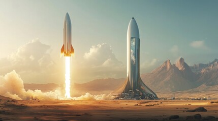 A rocket powers into the sky at dawn, leaving a trail of fire and smoke. The futuristic launch site stands prominently amidst a barren landscape with distant mountain peaks under a colorful sky.