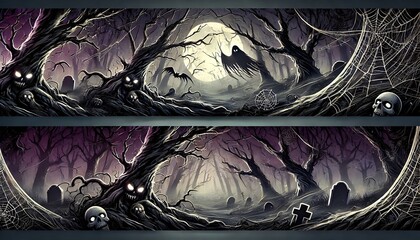 A Halloween banner set in a dark, eerie forest, perfect for a spooky holiday advertisement. 