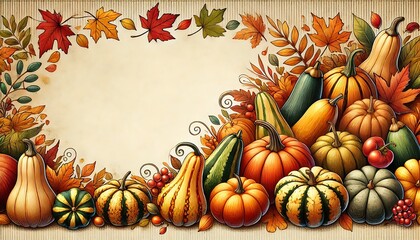 Fototapeta premium A fall banner drawn in a colored pencil style with a harvest theme. The banner features an assortment of colorful gourds and squash in the foreground.