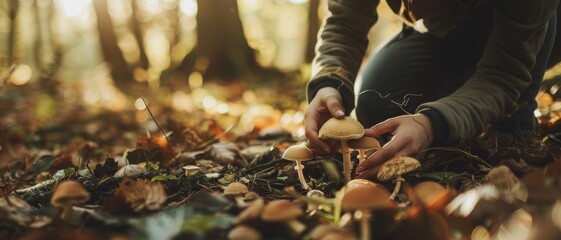Obraz premium Hands carefully gather mushrooms from the forest floor, surrounded by fallen leaves and dappled sunlight, embodying a connection with nature.