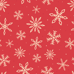 Different snowflakes on red pattern for wrap. Seamless pattern with snowflakes. Vector background