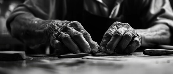 Weathered hands meticulously craft in monochrome, capturing the essence of dedication and artistry in every creased and textured line.
