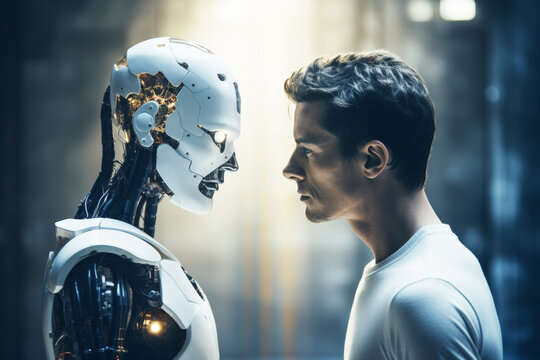 The man versus artificial intelligence, a man in a white t-shirt looking deeply into the eyes of a robot