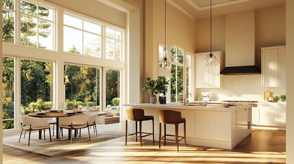 Fototapeta premium A modern kitchen and dining area with large windows overlooking a backyard with trees.
