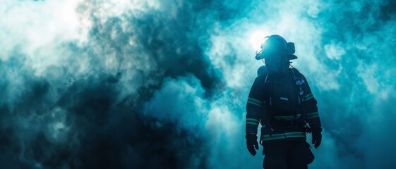 A firefighter stands amidst swirling smoke, exuding strength, calm, and readiness in a dynamic, high-intensity scenario.
