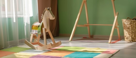 A sunlit children&rsquo;s playroom with a wooden rocking horse on a colorful rug evokes warmth and innocence.