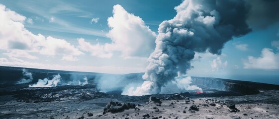 An explosive volcanic eruption sends clouds of ash into a blue sky, embodying nature's magnificence and destructive power.
