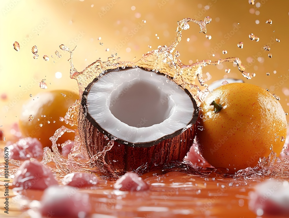 Poster a refreshing summer scene with a halved coconut and an orange, both submerged in a sparkling water s