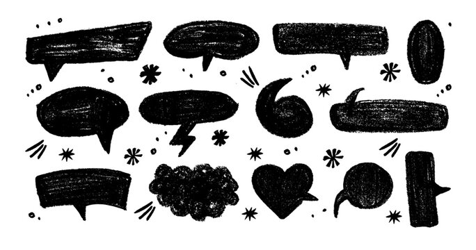 Chalk pencil speech bubbles doodle set. Crayon communication frame, comic talk balloon in sketch style, Grunge texture. Hand drawn vector illustration isolated on white background