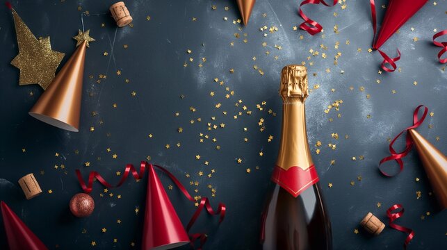 Festive scene is set for a new year's eve celebration with a bottle of champagne, party hats, and confetti scattered on a dark background. Merry Christmas and Happy New Year baneer with copy space
