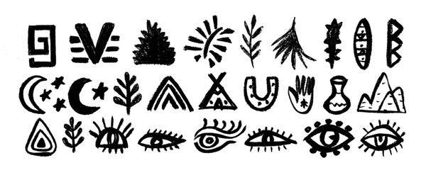 Set with  Ethnic Aztec, African abstract shapes  and symbols. Native American ancient silhouette collection. Vector African elements hand-drawn in doodle style
