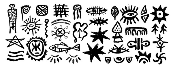  Set of Mexican sign and symbols. Abstract aztec totem idols, ancient inca maya civilization primitive traditional signs. Vector ornament of native americans, aztecs, maya, incas.