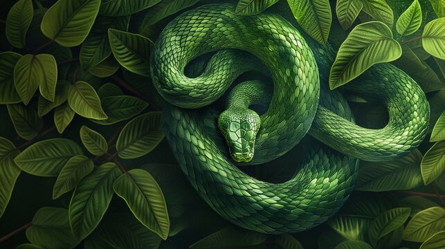 Vibrant green tree python is coiled amidst a backdrop of lush, verdant leaves, showcasing the beauty and mystique of this captivating reptile