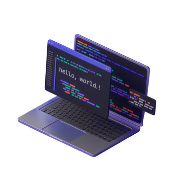 Laptop with code screen displaying 'hello, world!' on transparent cutout, PNG file