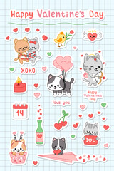 Sticker pack with cute kittens in Valentines day. Sticker set, vector, cartoon.