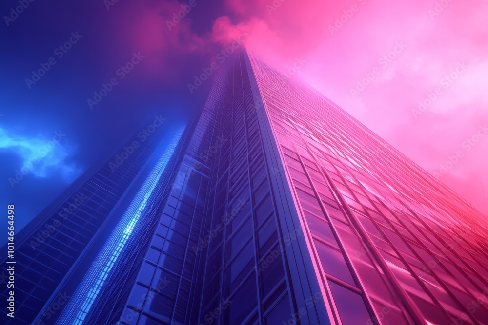 Poster futuristic skyscraper in a synthwave style, set in a scene with ample room for text.