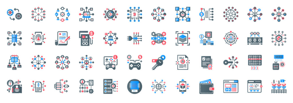 web 3.0 set blue red flat icons, blockchain concepts decentralization security transparency consensus, Cost-effective Disintermediation contracts Efficiency Smart