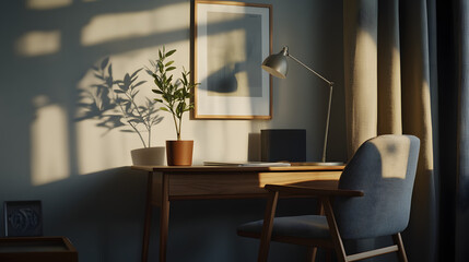 Fototapeta premium Minimalist Home Office Desk with Sunlight and Plant