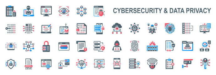 cybersecurity data privacy blue red flat icons, lock key protection