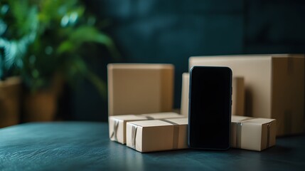 A mobile phone with a blank black screen among packages and packaged cartons, the concept of secure e-shopping. Integrating advanced modern technologies into practical life. 