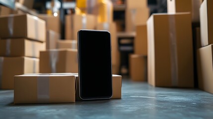 A mobile phone with a blank black screen among packages and packaged cartons, the concept of secure e-shopping. Integrating advanced modern technologies into practical life. 