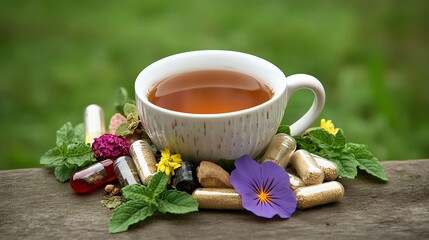 A cup of tea surrounded by herbs, flowers, and herbal capsules on a wooden surface, evoking a sense of natural wellness and relaxation.