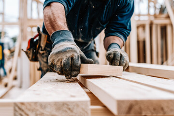 Close up of a carpenter's hands wearing gloves working with wood.