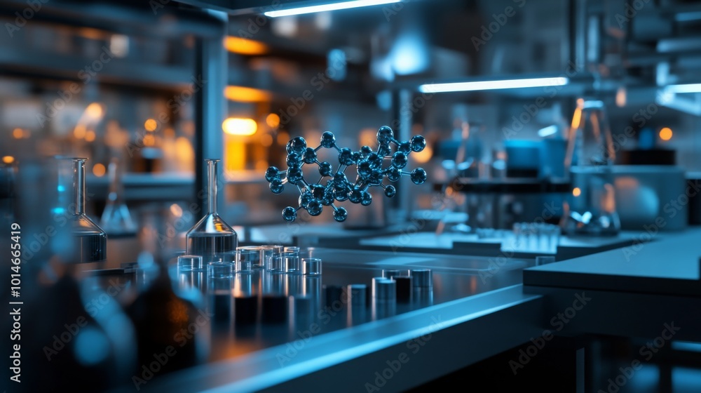 Poster A molecular model is suspended above a lab bench in a scientific laboratory. The lab bench has several beakers and test tubes on it, along with other lab equipment