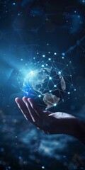 A hand holding a digital globe with network connections, representing global technology, innovation, and connectivity in a futuristic blue background.