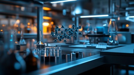 Obraz premium A molecular model is suspended above a lab bench in a scientific laboratory. The lab bench has several beakers and test tubes on it, along with other lab equipment