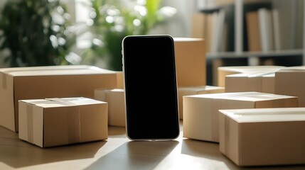 A mobile phone with a blank black screen among packages and packaged cartons, the concept of secure e-shopping. Integrating advanced modern technologies into practical life. 