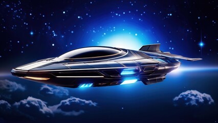 Obraz premium A sleek, futuristic spaceship gliding through a starry space backdrop.