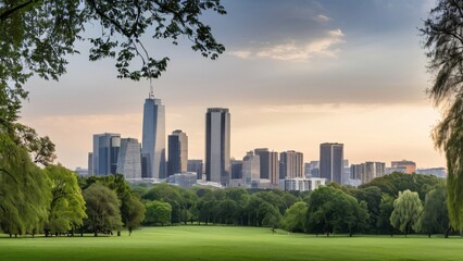 Fototapeta premium City Skyline Framed by Lush Green Parks