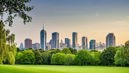 Obraz premium City Skyline Framed by Lush Green Parks
