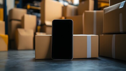 A mobile phone with a blank black screen among packages and packaged cartons, the concept of secure e-shopping. Integrating advanced modern technologies into practical life. 