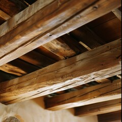 Sunlight streams through, casting warm glows across old timber beams, showcasing age and integrity amidst the rustic charm of a historic wooden ceiling.