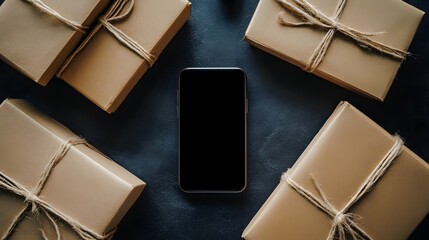 A mobile phone with a blank black screen among packages and packaged cartons, the concept of secure e-shopping. Integrating advanced modern technologies into practical life. 