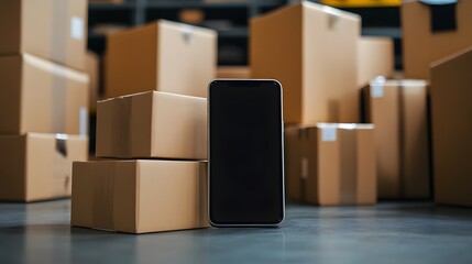 A mobile phone with a blank black screen among packages and packaged cartons, the concept of secure e-shopping. Integrating advanced modern technologies into practical life. 