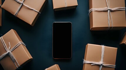 A mobile phone with a blank black screen among packages and packaged cartons, the concept of secure e-shopping. Integrating advanced modern technologies into practical life. 