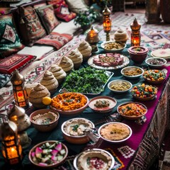 A lavish spread of traditional dishes styled artfully on an elaborate table symbolizes abundance, culture, and the joy of shared meals.