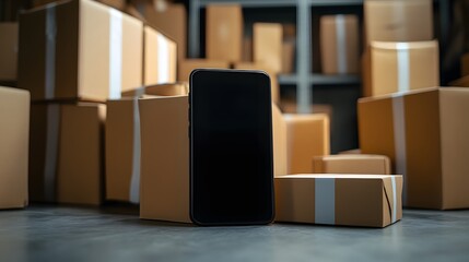 A mobile phone with a blank black screen among packages and packaged cartons, the concept of secure e-shopping. Integrating advanced modern technologies into practical life. 