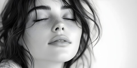 Naklejka premium A close-up black and white portrait of a young woman with her eyes closed, her hair falling around her face.