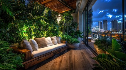 Obraz premium Chic terrace with wooden sofa, lush greenery, and Miami city views, illuminated by natural light