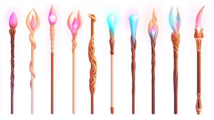 A collection of magical staffs with glowing tips.