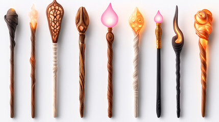 A collection of ten unique wooden wands with glowing tips.